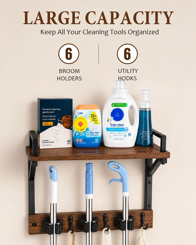 Alt view image 3 of 6 - Broom Holder Wall Mount with Cleaning Supplies Storage, Heavy Duty
3 in 1 Broom and Mop Organizer Wall Hanging, Wooden Mop Organizer Hanger, Storage Shelves for Laundry Room, Garage