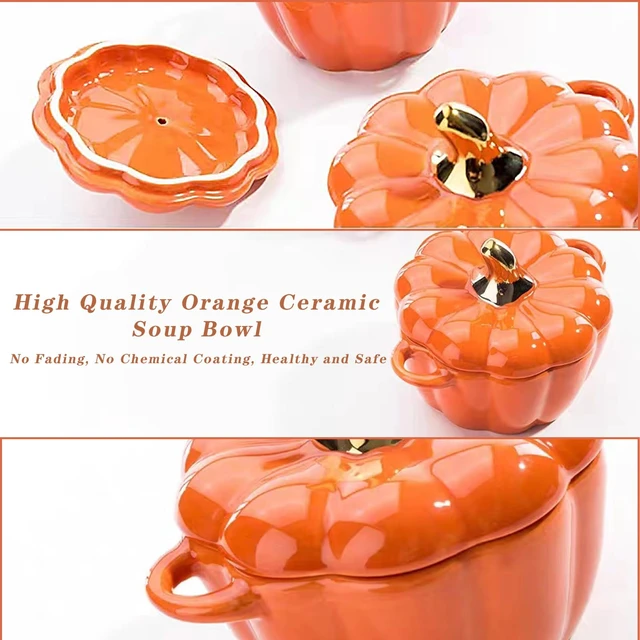 Alt view image 5 of 7 - Oven Pot with Lid, Pumpkin Pottery Dessert Saucepan, Mini Baking Dish Cute Pumpkins Bowl, Covered Dutch Oven Ceramic Stockpot, Pumpkin-Shaped Casserole (Orange)