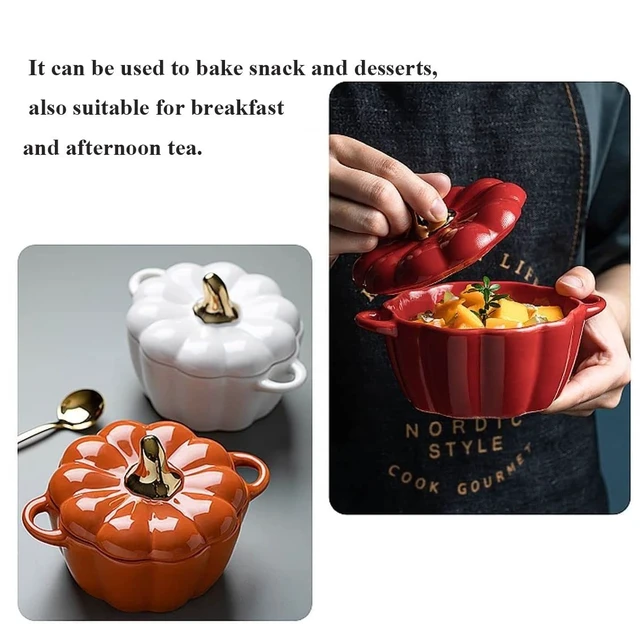 Alt view image 7 of 7 - Oven Pot with Lid, Pumpkin Pottery Dessert Saucepan, Mini Baking Dish Cute Pumpkins Bowl, Covered Dutch Oven Ceramic Stockpot, Pumpkin-Shaped Casserole (Orange)