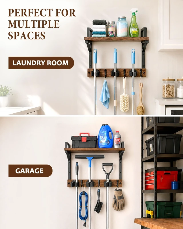 Alt view image 4 of 6 - Broom Holder Wall Mount with Cleaning Supplies Storage, Heavy Duty
3 in 1 Broom and Mop Organizer Wall Hanging, Wooden Mop Organizer Hanger, Storage Shelves for Laundry Room, Garage