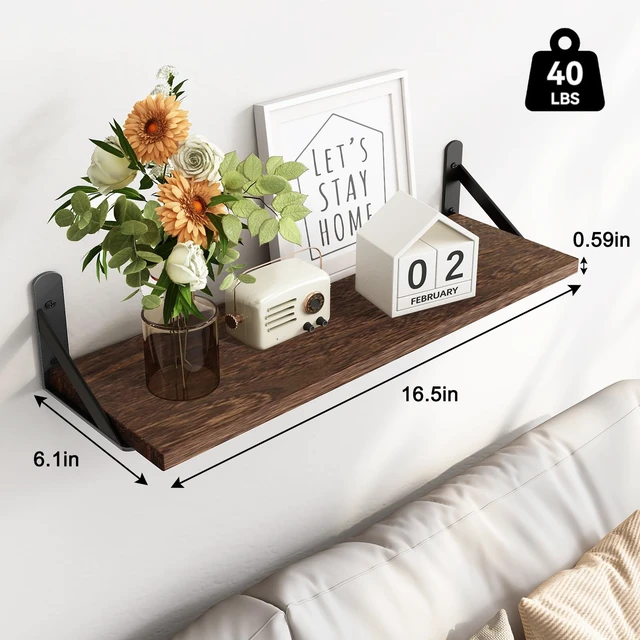 Alt view image 2 of 7 - Wall Floating Shelves for Home Decor (Brown, Set of 4, 16.5 Inch)
Wood Shelves, Natural Grain, 40Lb Capacity, Sturdy Triangle Brackets, Versatile for Any Room