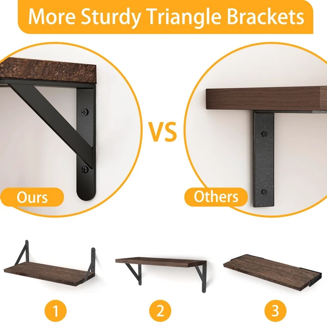 Alt view image 3 of 7 - Wall Floating Shelves for Home Decor (Brown, Set of 4, 16.5 Inch)
Wood Shelves, Natural Grain, 40Lb Capacity, Sturdy Triangle Brackets, Versatile for Any Room