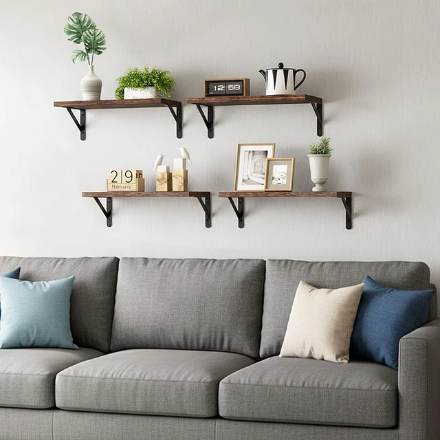 Alt view image 5 of 7 - Wall Floating Shelves for Home Decor (Brown, Set of 4, 16.5 Inch)
Wood Shelves, Natural Grain, 40Lb Capacity, Sturdy Triangle Brackets, Versatile for Any Room