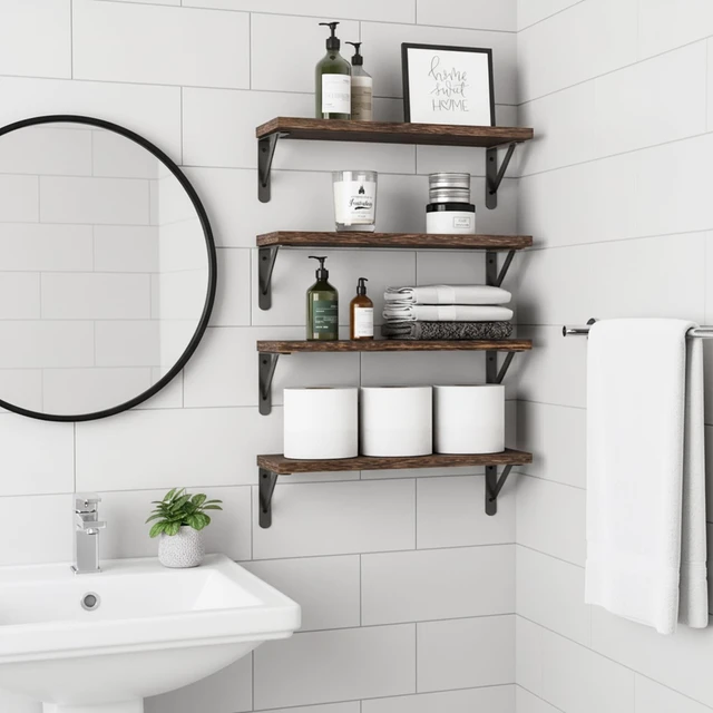 Alt view image 6 of 7 - Wall Floating Shelves for Home Decor (Brown, Set of 4, 16.5 Inch)
Wood Shelves, Natural Grain, 40Lb Capacity, Sturdy Triangle Brackets, Versatile for Any Room