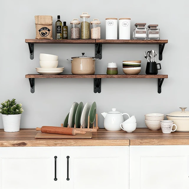 Alt view image 7 of 7 - Wall Floating Shelves for Home Decor (Brown, Set of 4, 16.5 Inch)
Wood Shelves, Natural Grain, 40Lb Capacity, Sturdy Triangle Brackets, Versatile for Any Room