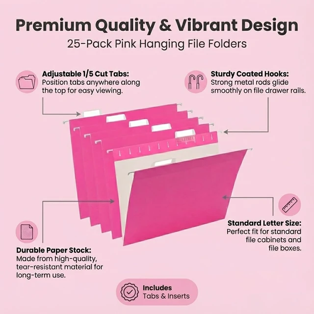 Alt view image 3 of 7 - 25 Pack Hanging File Folders Letter Size,Pink Reliable Hanging Folders for Filing Cabinet,Reinforced Rods for Smooth Gliding,Includes 1/5 Adjustable Tabs & Inserts,Ideal for Home & Office