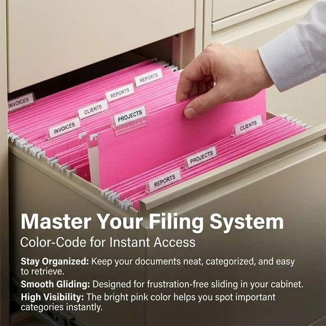 Alt view image 4 of 7 - 25 Pack Hanging File Folders Letter Size,Pink Reliable Hanging Folders for Filing Cabinet,Reinforced Rods for Smooth Gliding,Includes 1/5 Adjustable Tabs & Inserts,Ideal for Home & Office