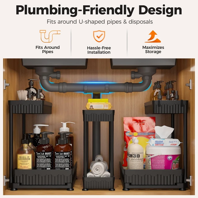 Alt view image 2 of 7 - 3-Pack 2-Tier L-Shaped Under Sink Organizers with Sliding Drawers
Multi-use kitchen & bathroom storage, 12.85 inch black cabinet organizer, space-saving sliding drawer design.