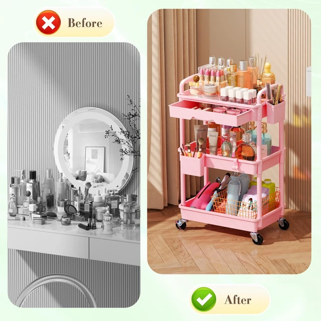 Alt view image 3 of 6 - Makeup Cart Organizer with Drawer, 3 Tier Rolling Makeup Cart, Pink
Rolling Vanity Storage for Skin Care Perfume Nail Polish, Floor Skincare Organizers Cosmetics Display Bathroom Storage Cart