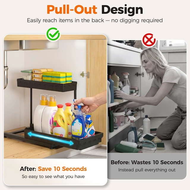 Alt view image 3 of 7 - 3-Pack 2-Tier L-Shaped Under Sink Organizers with Sliding Drawers
Multi-use kitchen & bathroom storage, 12.85 inch black cabinet organizer, space-saving sliding drawer design.