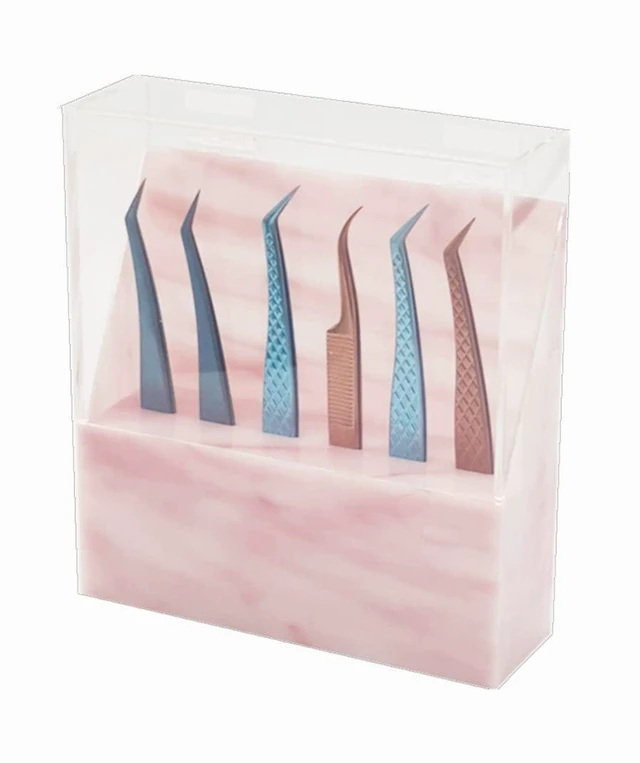 Main image of Holder Shelf, Dust-proof Tweezer Stand, 6-Hole Acrylic Display Stand, Storage Rack Eyelash Extension Tweezers Box with Dust Cover for Salon (Pink Marble)
