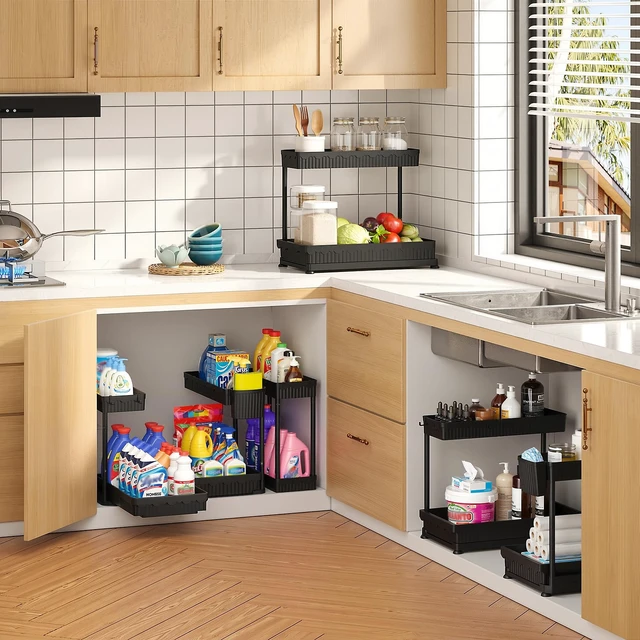 Alt view image 4 of 7 - 3-Pack 2-Tier L-Shaped Under Sink Organizers with Sliding Drawers
Multi-use kitchen & bathroom storage, 12.85 inch black cabinet organizer, space-saving sliding drawer design.