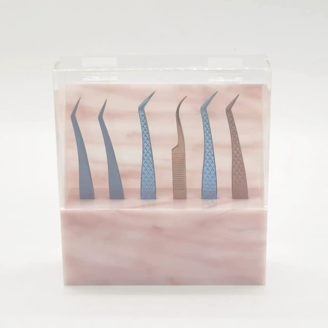 Alt view image 2 of 6 - Holder Shelf, Dust-proof Tweezer Stand, 6-Hole Acrylic Display Stand, Storage Rack Eyelash Extension Tweezers Box with Dust Cover for Salon (Pink Marble)