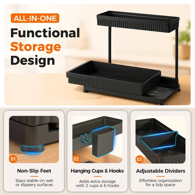 Alt view image 5 of 7 - 3-Pack 2-Tier L-Shaped Under Sink Organizers with Sliding Drawers
Multi-use kitchen & bathroom storage, 12.85 inch black cabinet organizer, space-saving sliding drawer design.