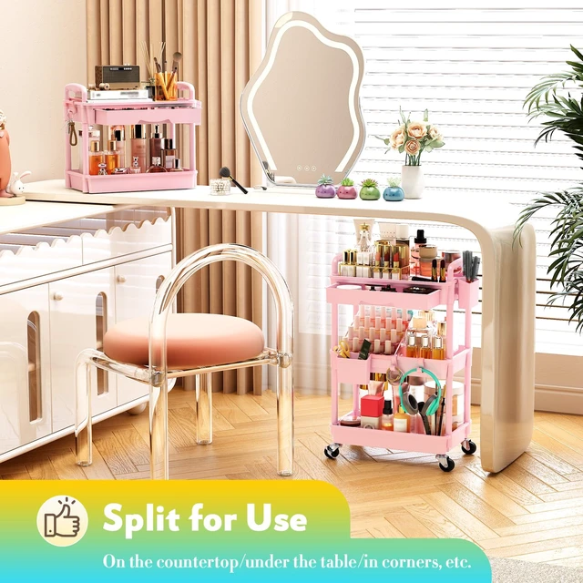 Alt view image 6 of 6 - Makeup Cart Organizer with Drawer, 3 Tier Rolling Makeup Cart, Pink
Rolling Vanity Storage for Skin Care Perfume Nail Polish, Floor Skincare Organizers Cosmetics Display Bathroom Storage Cart