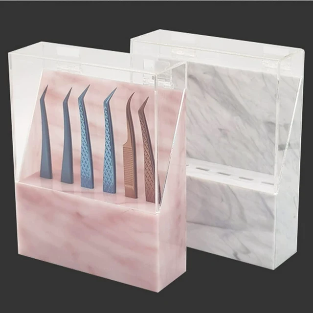 Alt view image 4 of 6 - Holder Shelf, Dust-proof Tweezer Stand, 6-Hole Acrylic Display Stand, Storage Rack Eyelash Extension Tweezers Box with Dust Cover for Salon (Pink Marble)