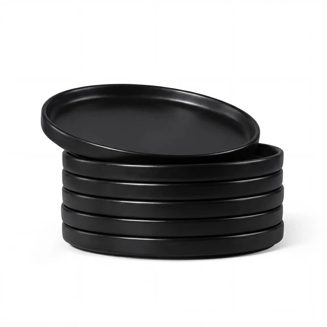 Main image of 7.9 Inch Ceramic Dinner Plates, 6-Piece Stoneware Salad Plates, Black
with Raised Edges, Chip & Scratch Resistant, Microwave & Dishwasher Safe Dessert Dishes for Appetizer Salad, Matte Black