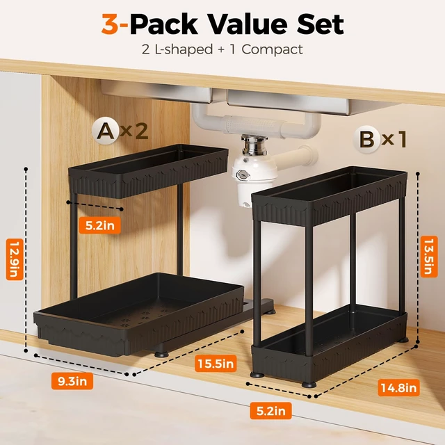 Alt view image 7 of 7 - 3-Pack 2-Tier L-Shaped Under Sink Organizers with Sliding Drawers
Multi-use kitchen & bathroom storage, 12.85 inch black cabinet organizer, space-saving sliding drawer design.