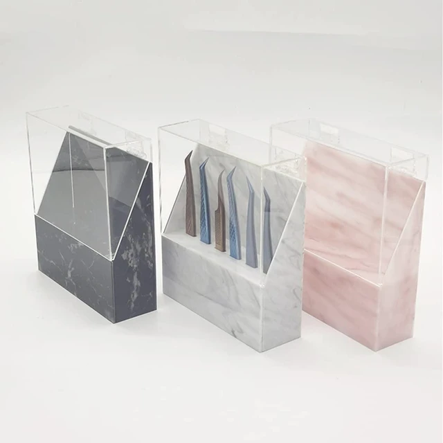 Alt view image 5 of 6 - Holder Shelf, Dust-proof Tweezer Stand, 6-Hole Acrylic Display Stand, Storage Rack Eyelash Extension Tweezers Box with Dust Cover for Salon (Pink Marble)