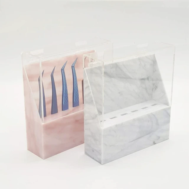 Alt view image 6 of 6 - Holder Shelf, Dust-proof Tweezer Stand, 6-Hole Acrylic Display Stand, Storage Rack Eyelash Extension Tweezers Box with Dust Cover for Salon (Pink Marble)