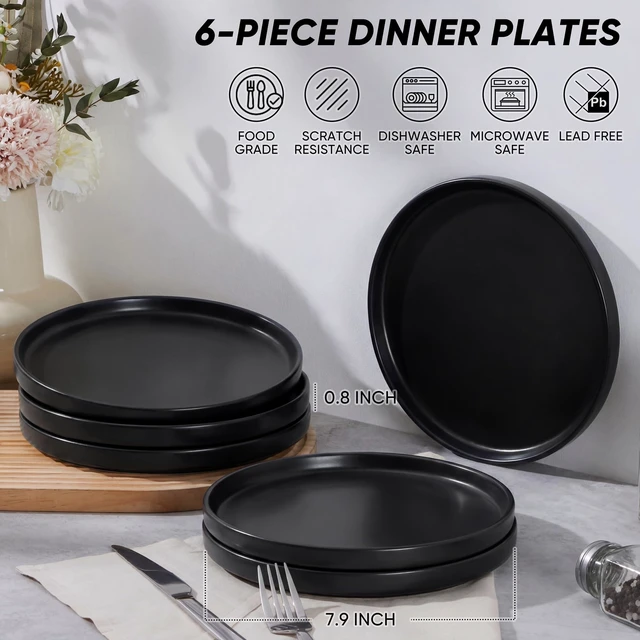 Alt view image 2 of 6 - 7.9 Inch Ceramic Dinner Plates, 6-Piece Stoneware Salad Plates, Black
with Raised Edges, Chip & Scratch Resistant, Microwave & Dishwasher Safe Dessert Dishes for Appetizer Salad, Matte Black