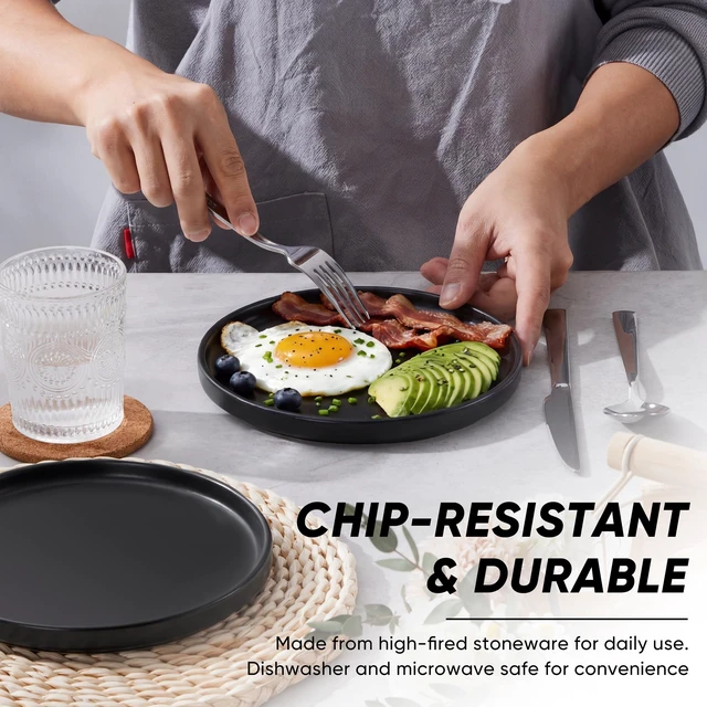Alt view image 3 of 6 - 7.9 Inch Ceramic Dinner Plates, 6-Piece Stoneware Salad Plates, Black
with Raised Edges, Chip & Scratch Resistant, Microwave & Dishwasher Safe Dessert Dishes for Appetizer Salad, Matte Black