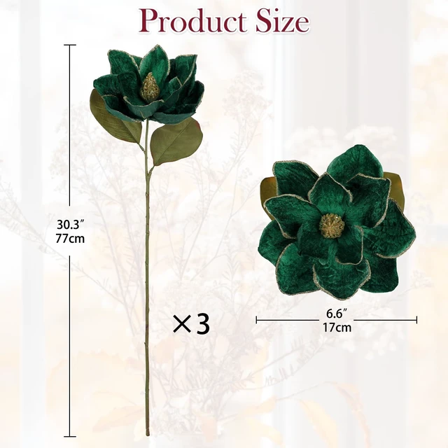 Alt view image 2 of 7 - 3 Artificial Christmas Magnolias Flowers 30 Long Stem Faux Magnolia Stems for Tree Ornaments, Holiday Centerpieces & Christmas Decor,Green