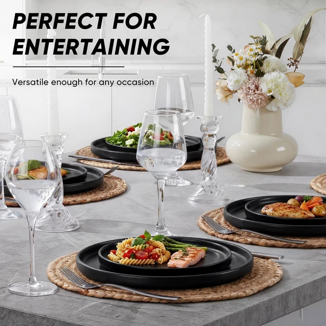 Alt view image 4 of 6 - 7.9 Inch Ceramic Dinner Plates, 6-Piece Stoneware Salad Plates, Black
with Raised Edges, Chip & Scratch Resistant, Microwave & Dishwasher Safe Dessert Dishes for Appetizer Salad, Matte Black