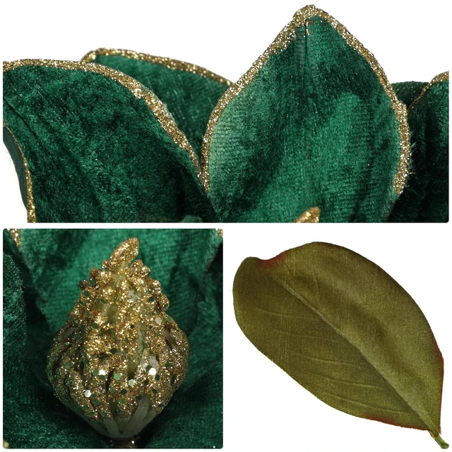 Alt view image 3 of 7 - 3 Artificial Christmas Magnolias Flowers 30 Long Stem Faux Magnolia Stems for Tree Ornaments, Holiday Centerpieces & Christmas Decor,Green