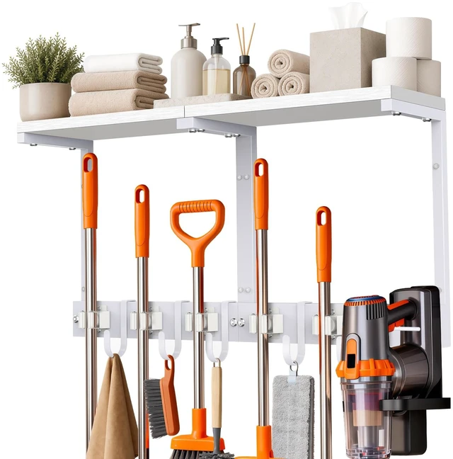 Main image of Large Broom Holder Wall Mount with Shelf, Vacuum Organizer, 5 Slots 5 Hooks
White, 3-In-1 Wall Mount Stores Brooms/Mops/Vacuum, Cleaning Supplies With 5 Grippers/5 Hooks And A Sturdy Wooden Top Shelf