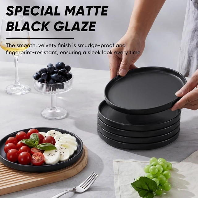 Alt view image 5 of 6 - 7.9 Inch Ceramic Dinner Plates, 6-Piece Stoneware Salad Plates, Black
with Raised Edges, Chip & Scratch Resistant, Microwave & Dishwasher Safe Dessert Dishes for Appetizer Salad, Matte Black