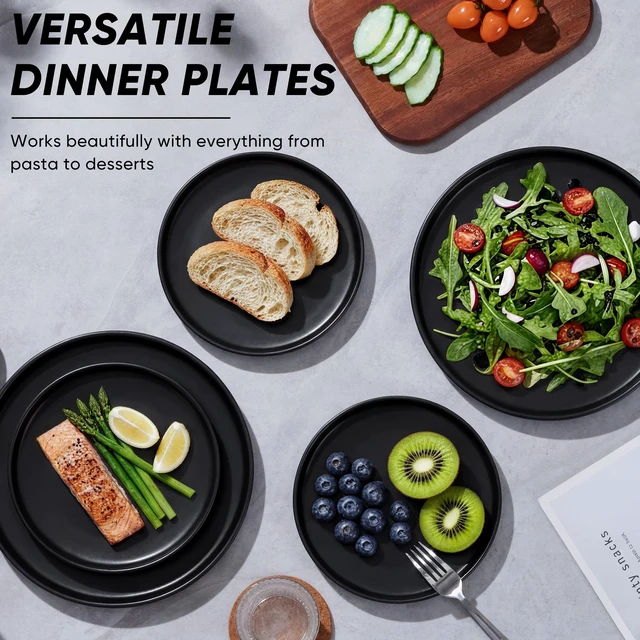 Alt view image 6 of 6 - 7.9 Inch Ceramic Dinner Plates, 6-Piece Stoneware Salad Plates, Black
with Raised Edges, Chip & Scratch Resistant, Microwave & Dishwasher Safe Dessert Dishes for Appetizer Salad, Matte Black