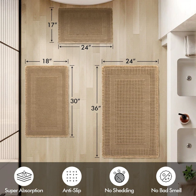 Alt view image 2 of 7 - Set of 2 Waffle Bathroom Rugs Brown Boho Bath Mat 17x24+18x30 in
Looped Design, Super Absorbent, Non Slip, Washable, Ultra Soft, Rubber Backed, Bathroom Mats for Floor Tub Shower