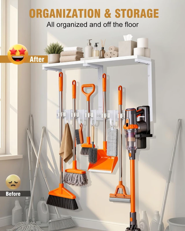 Alt view image 2 of 7 - Large Broom Holder Wall Mount with Shelf, Vacuum Organizer, 5 Slots 5 Hooks
White, 3-In-1 Wall Mount Stores Brooms/Mops/Vacuum, Cleaning Supplies With 5 Grippers/5 Hooks And A Sturdy Wooden Top Shelf