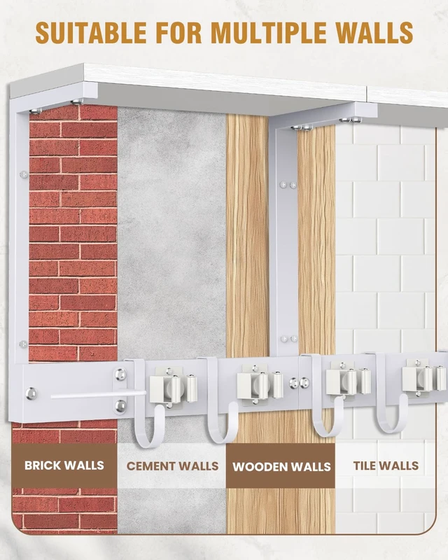 Alt view image 3 of 7 - Large Broom Holder Wall Mount with Shelf, Vacuum Organizer, 5 Slots 5 Hooks
White, 3-In-1 Wall Mount Stores Brooms/Mops/Vacuum, Cleaning Supplies With 5 Grippers/5 Hooks And A Sturdy Wooden Top Shelf