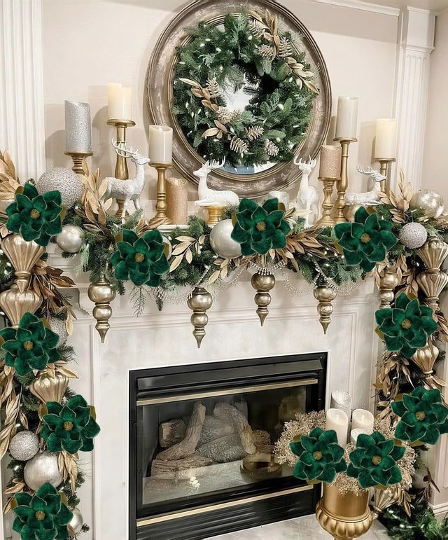 Alt view image 5 of 7 - 3 Artificial Christmas Magnolias Flowers 30 Long Stem Faux Magnolia Stems for Tree Ornaments, Holiday Centerpieces & Christmas Decor,Green