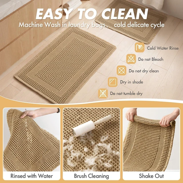 Alt view image 5 of 7 - Set of 2 Waffle Bathroom Rugs Brown Boho Bath Mat 17x24+18x30 in
Looped Design, Super Absorbent, Non Slip, Washable, Ultra Soft, Rubber Backed, Bathroom Mats for Floor Tub Shower