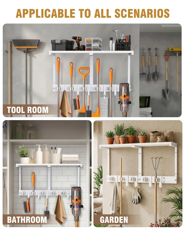 Alt view image 4 of 7 - Large Broom Holder Wall Mount with Shelf, Vacuum Organizer, 5 Slots 5 Hooks
White, 3-In-1 Wall Mount Stores Brooms/Mops/Vacuum, Cleaning Supplies With 5 Grippers/5 Hooks And A Sturdy Wooden Top Shelf