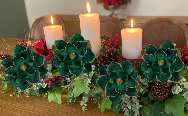 Alt view image 6 of 7 - 3 Artificial Christmas Magnolias Flowers 30 Long Stem Faux Magnolia Stems for Tree Ornaments, Holiday Centerpieces & Christmas Decor,Green