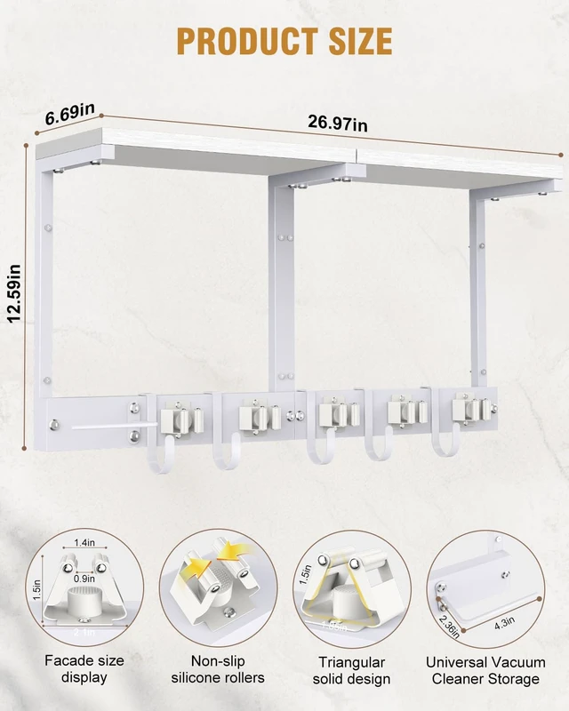 Alt view image 5 of 7 - Large Broom Holder Wall Mount with Shelf, Vacuum Organizer, 5 Slots 5 Hooks
White, 3-In-1 Wall Mount Stores Brooms/Mops/Vacuum, Cleaning Supplies With 5 Grippers/5 Hooks And A Sturdy Wooden Top Shelf