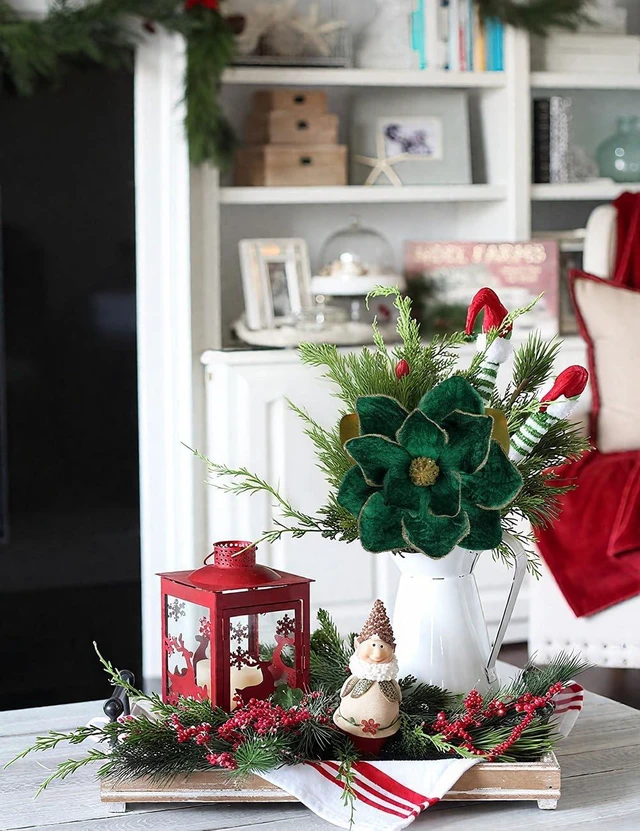 Alt view image 7 of 7 - 3 Artificial Christmas Magnolias Flowers 30 Long Stem Faux Magnolia Stems for Tree Ornaments, Holiday Centerpieces & Christmas Decor,Green