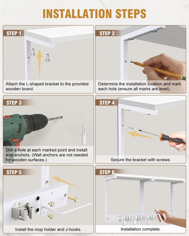Alt view image 6 of 7 - Large Broom Holder Wall Mount with Shelf, Vacuum Organizer, 5 Slots 5 Hooks
White, 3-In-1 Wall Mount Stores Brooms/Mops/Vacuum, Cleaning Supplies With 5 Grippers/5 Hooks And A Sturdy Wooden Top Shelf