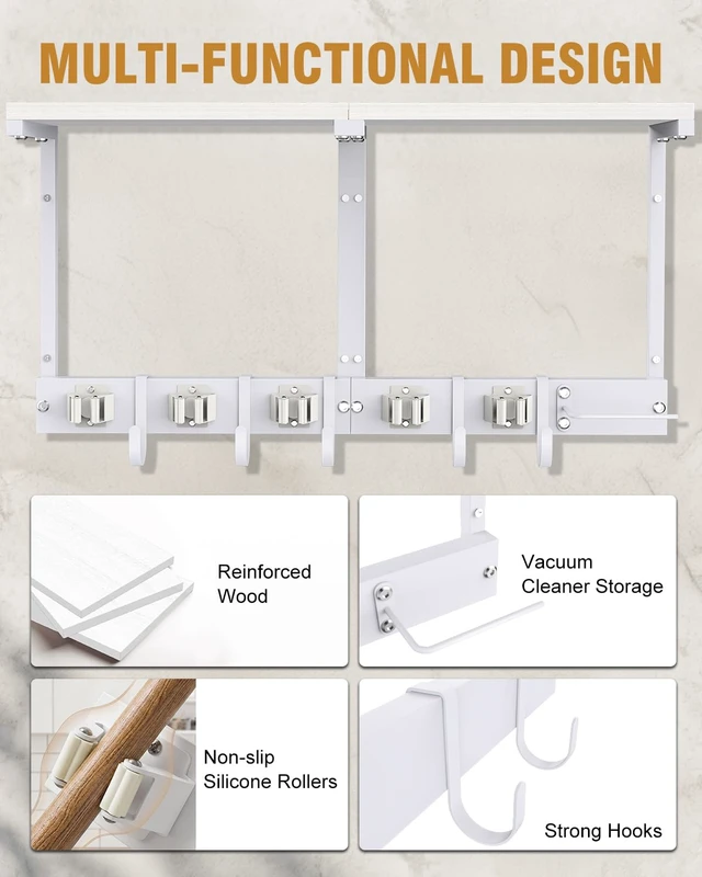 Alt view image 7 of 7 - Large Broom Holder Wall Mount with Shelf, Vacuum Organizer, 5 Slots 5 Hooks
White, 3-In-1 Wall Mount Stores Brooms/Mops/Vacuum, Cleaning Supplies With 5 Grippers/5 Hooks And A Sturdy Wooden Top Shelf