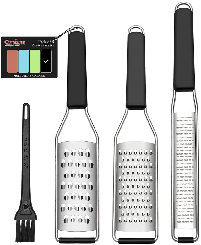 Main image of Lemon Zester Grater Three-piece Suit - Heavy Duty Kitchen Tool for Parmesan Cheese, Ginger, Garlic, Nutmeg, Chocolate, Vegetables,Fruits,Stainless Steel Grater Dishwasher Safe Black