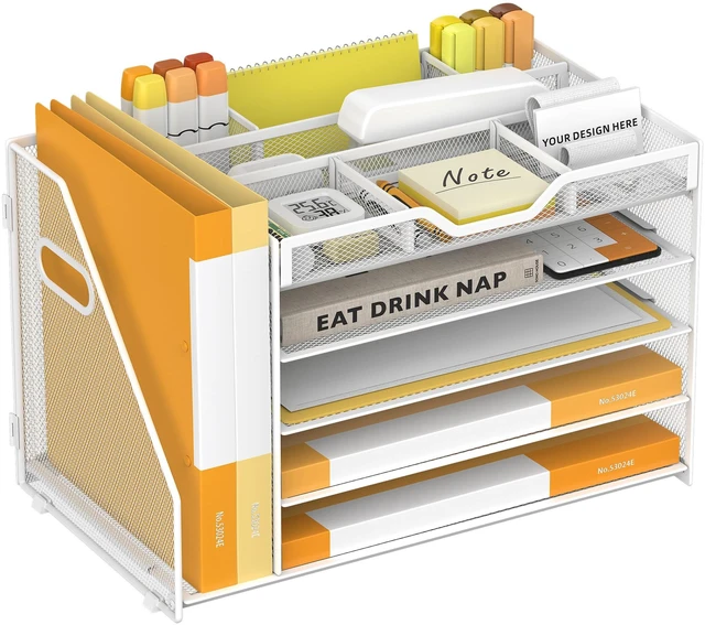Main image of 5 Tier Paper Letter Tray Desk Organizer with Pen Holders - White
Features 3 pen holders and 4 removable dividers.Versatile mesh desktop storage for mail, document,office supplie