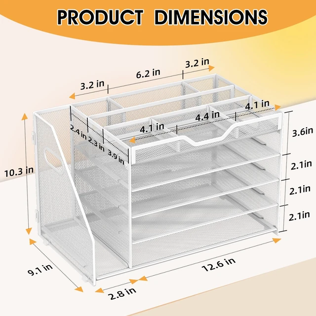 Alt view image 2 of 7 - 5 Tier Paper Letter Tray Desk Organizer with Pen Holders - White
Features 3 pen holders and 4 removable dividers.Versatile mesh desktop storage for mail, document,office supplie