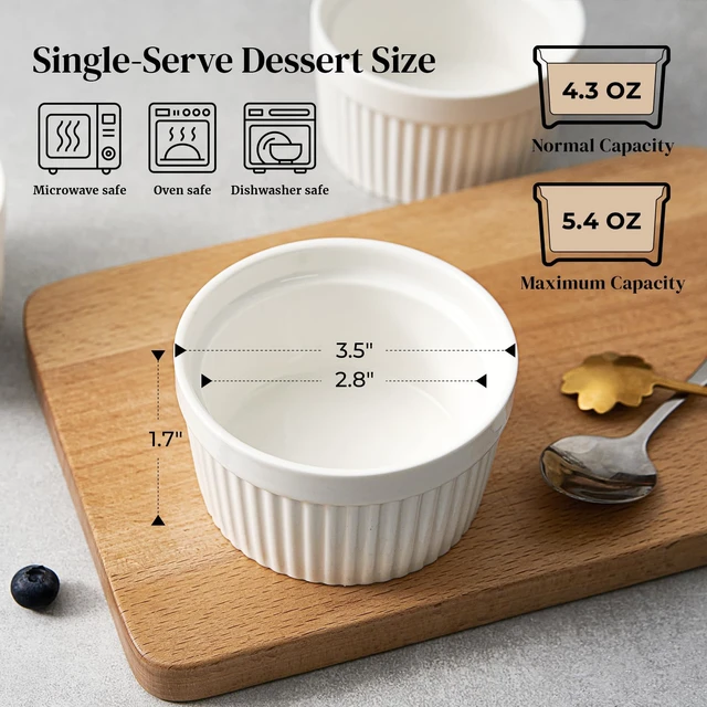 Alt view image 2 of 7 - 4 oz Ceramic Ramekins Set of 6, Oven Safe Souffle Dishes for Air Fryer Baking, Mini Round Baking Cups for Creme Brulee, Dipping Sauces, Desserts and Prep Bowls, White