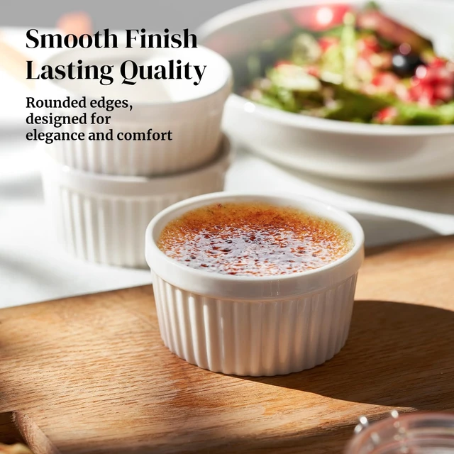 Alt view image 4 of 7 - 4 oz Ceramic Ramekins Set of 6, Oven Safe Souffle Dishes for Air Fryer Baking, Mini Round Baking Cups for Creme Brulee, Dipping Sauces, Desserts and Prep Bowls, White
