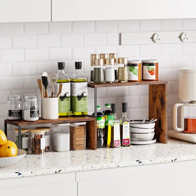 Alt view image 3 of 6 - Countertop Organizer, Spice Rack Cabinet Organizer Shelf Stackable Counter Corner Shelves Organization and Storage for Pantry, Counter top, Coffee Station Wood Rustic Brown