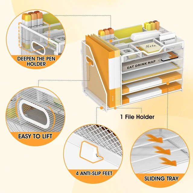 Alt view image 4 of 7 - 5 Tier Paper Letter Tray Desk Organizer with Pen Holders - White
Features 3 pen holders and 4 removable dividers.Versatile mesh desktop storage for mail, document,office supplie